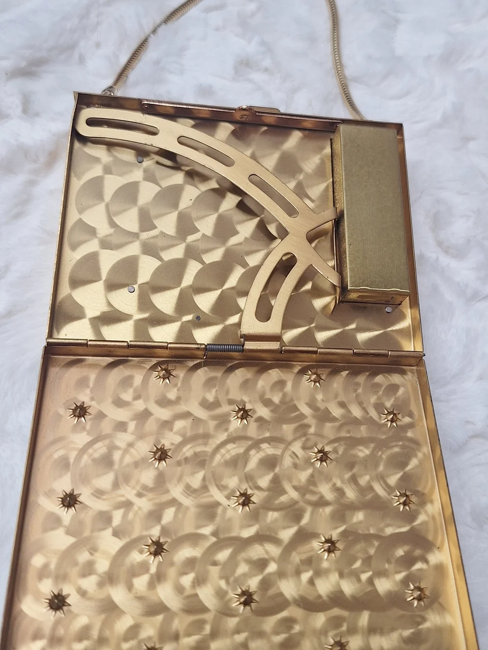 Gold Tone Starburst Rhinestone MCM Embellished Box Compact Clutch Mirror Handbag